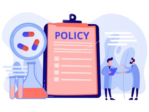 Pharmaceutical policy on clipboard and researchers, tiny people. Pharmaceutical policy, pharmaceutical lobby, drugs production control concept. Pinkish coral bluevector vector isolated illustration